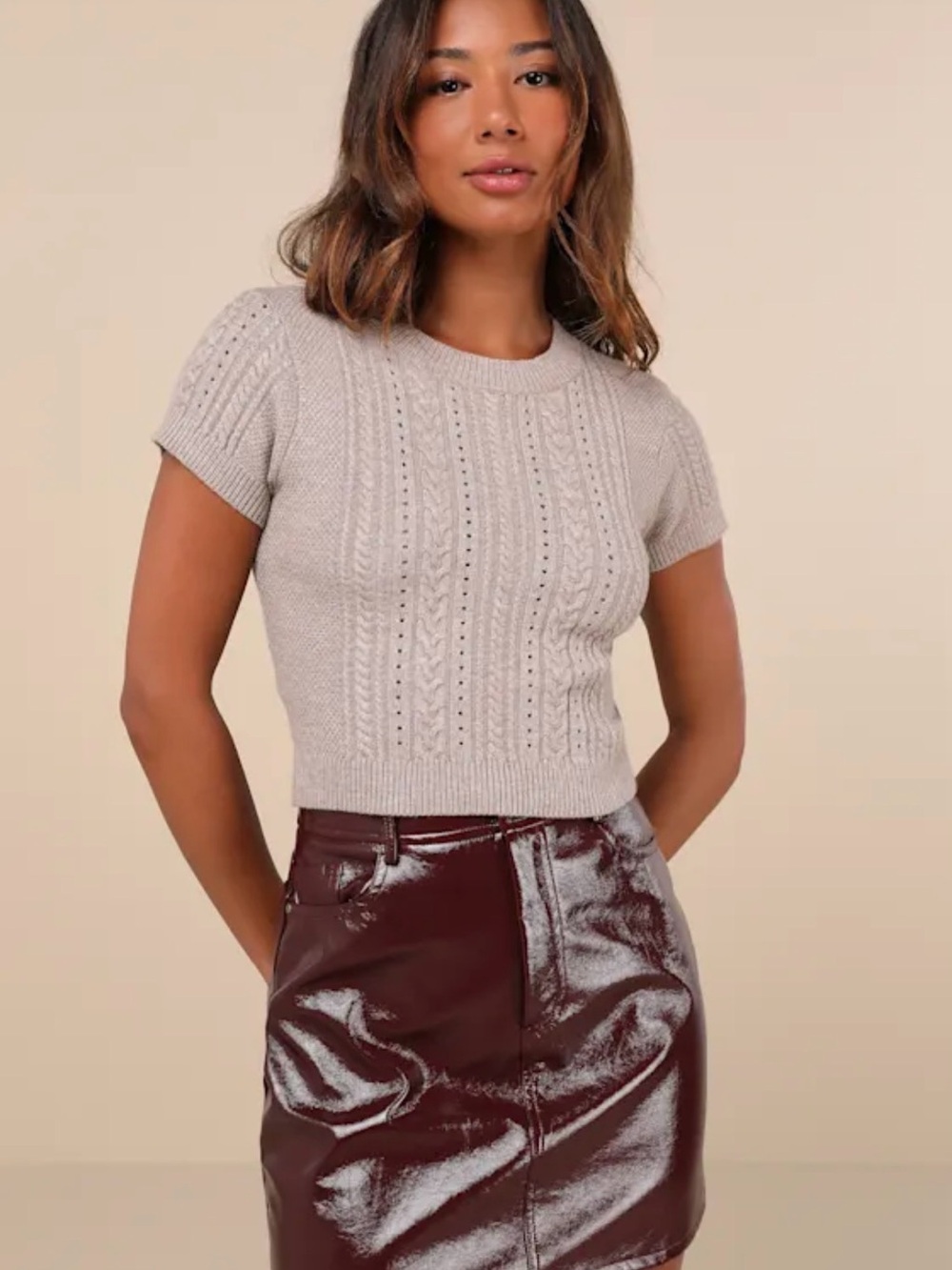 Lulu's Cream Cable Knit Short Sleeve Sweater Top